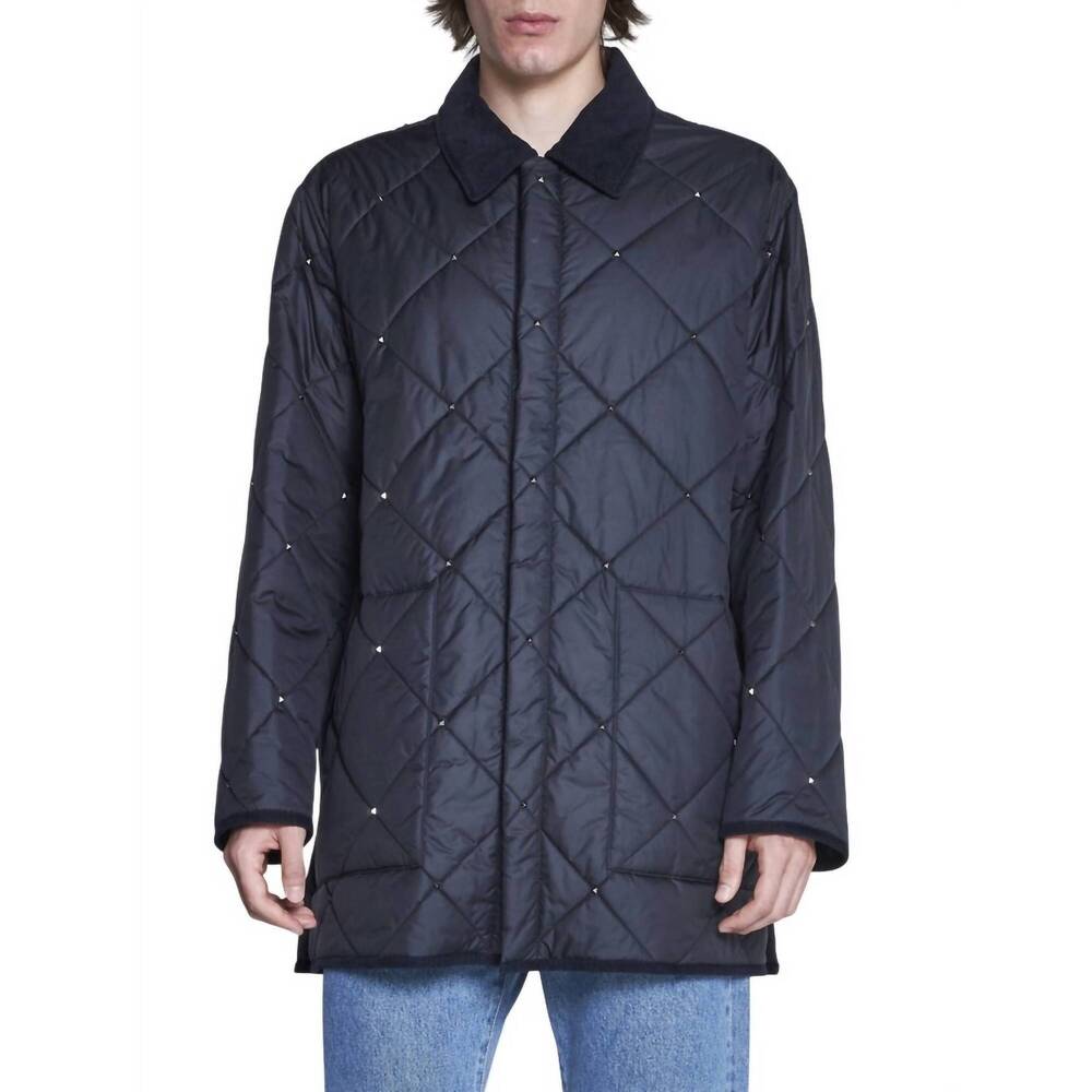 NEW VALENTINO men's rockstud spike quilted nylon jacket in navy